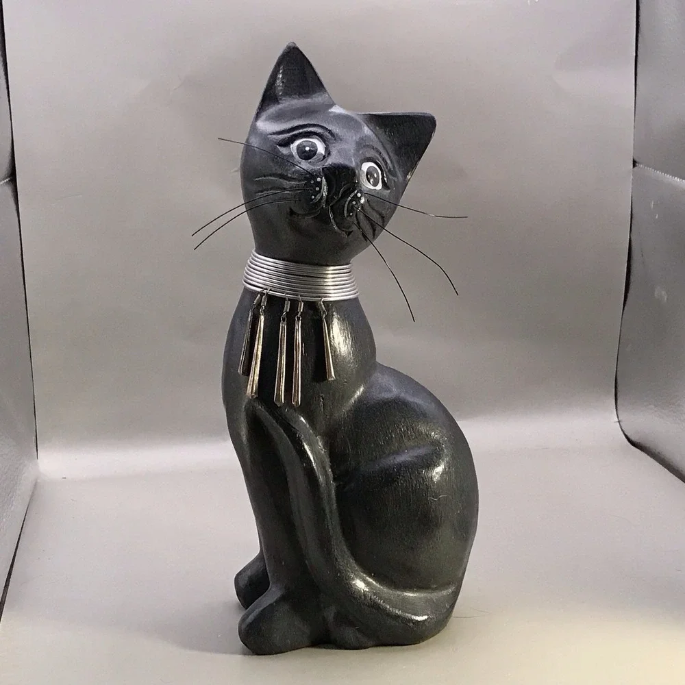 Wooden Black Cat Wearing Egyptian Style Collar 10